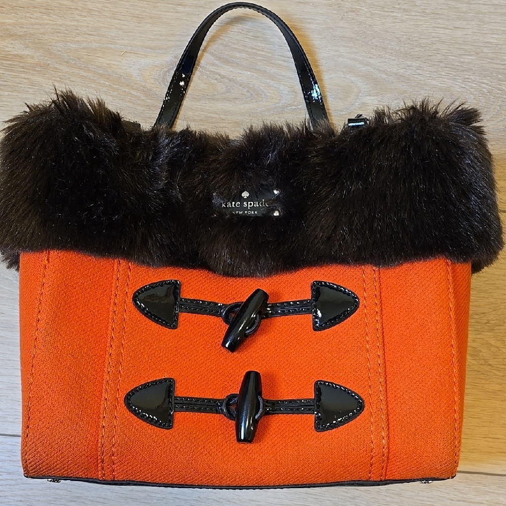Kate Spade Orange and Black Structured Tote with Fur Trim